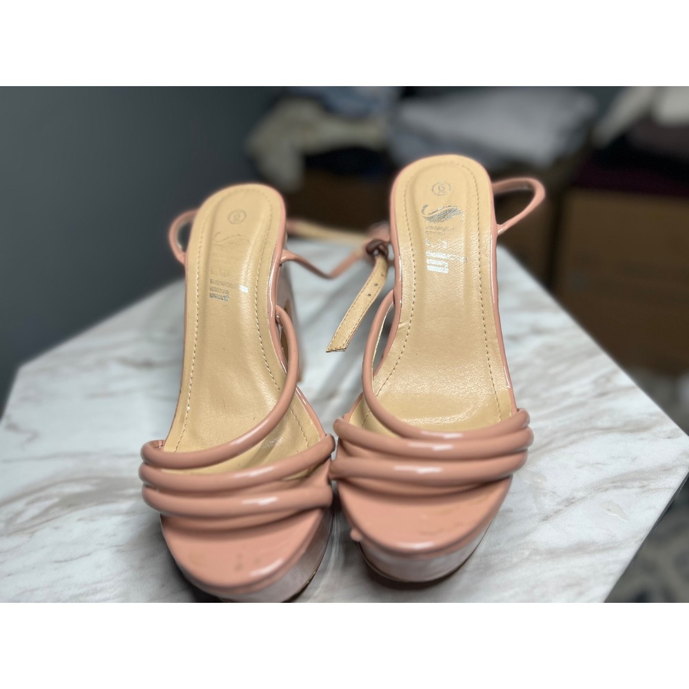Shein Nude Pink Patent Platform Block Heel Strappy Sandals Size 6 - Picture 3 of 4
